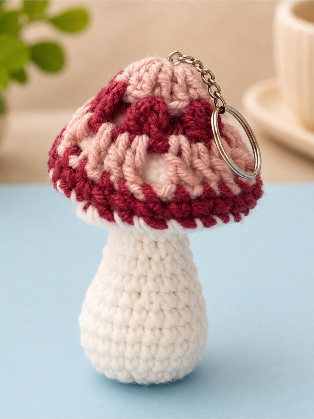 Crocheted Mushroom Keychain - Pink & Cream